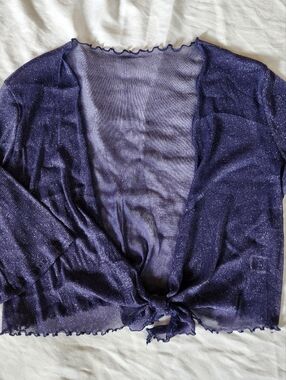 Sheer Glitter Mesh Tie Front Top Purple Y2K Fairy Grunge Stretch XXL